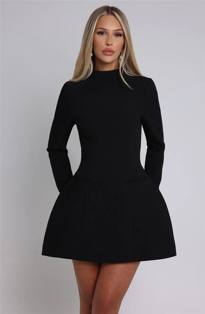 | White High Neck Long Sleeve Mini Dress