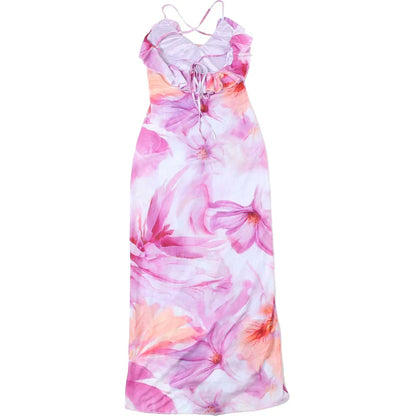 Flower Print Splits Irregular Tassel Patchwork Long Dress
