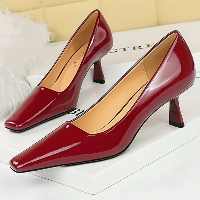Patent Leather Kitten Heels Square Head Woman Pumps Occupational OL High Heels
