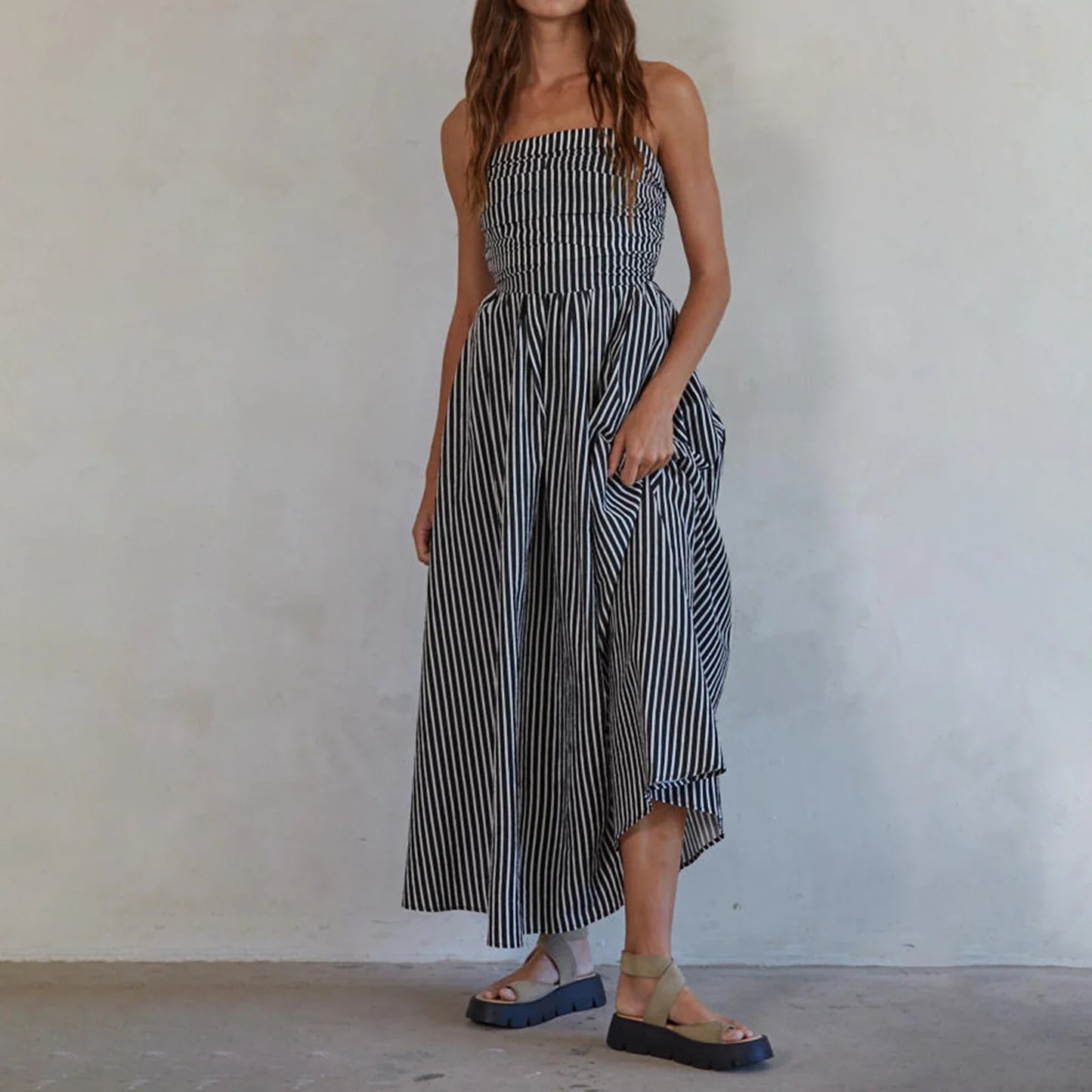 Striped Strapless Flowy Tube Midi Dress