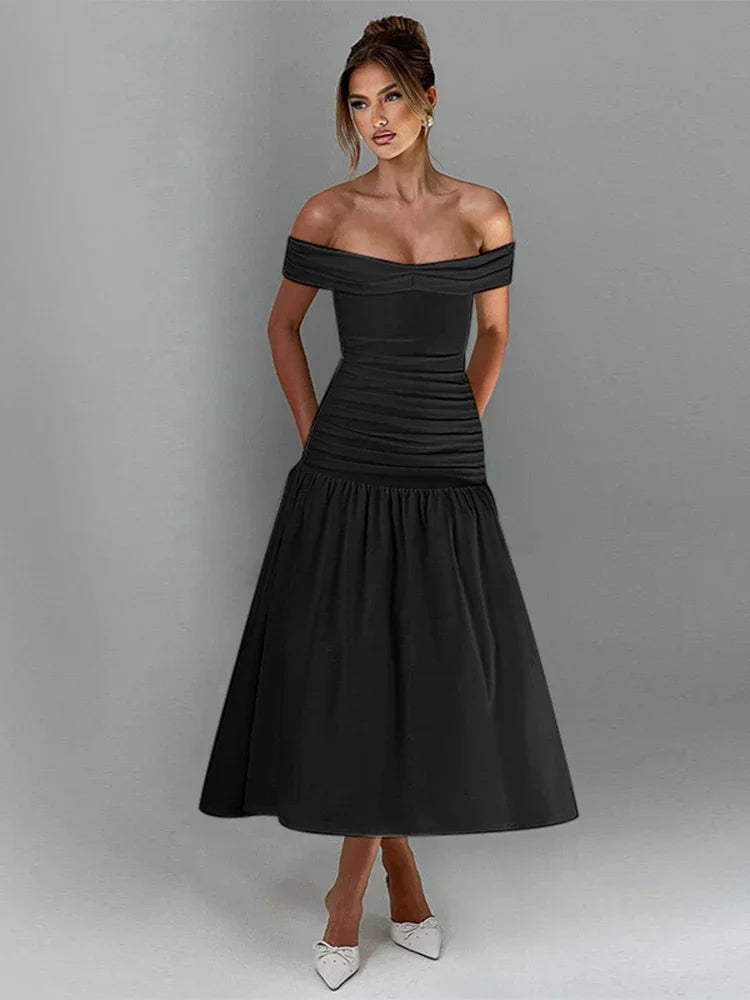 Ruched One-Shoulder A-Line Maxi Dress