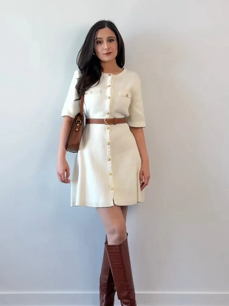 Knit Button Front Patch Pocket Short Sleeve A-Line Mini Dress