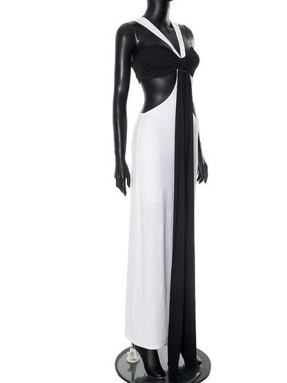 Patchwork Contrast Hollow Out Split Long Dress