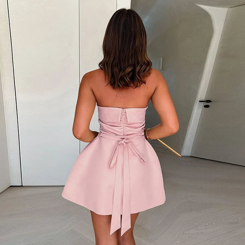 Ruched Strapless Bow Tie Mini Dress