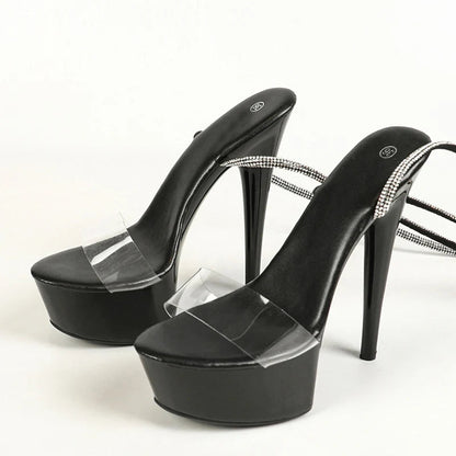 Red Crystal Rhinestone Ankle Strap Transparent Platform Sandals for Women