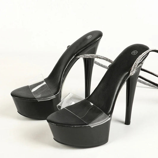 Red Crystal Rhinestone Ankle Strap Transparent Platform Sandals for Women
