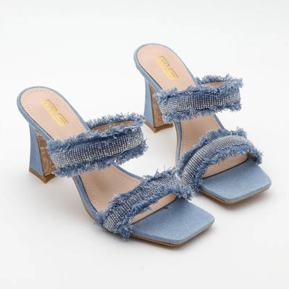 Denim women slippers with new rhinestone plush stiletto heels