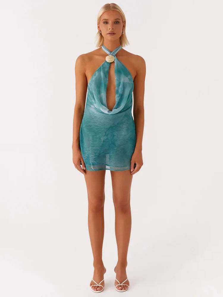 Tie Dye Halter Backless Hollow Out Off-shoulder Vacation Dress