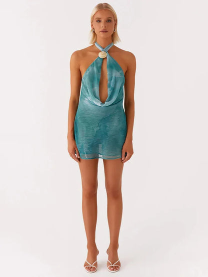 Tie Dye Halter Backless Hollow Out Off-shoulder Vacation Dress