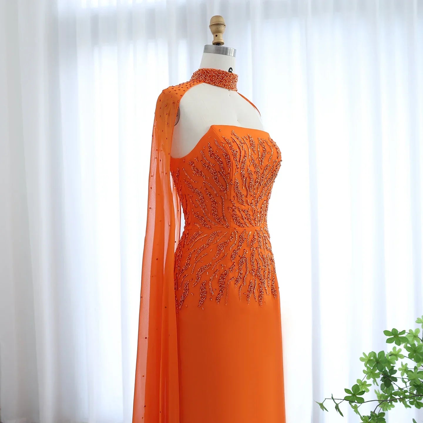 Orange Strapless Evening Dress with Cape Sleeve