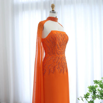 Orange Strapless Evening Dress with Cape Sleeve