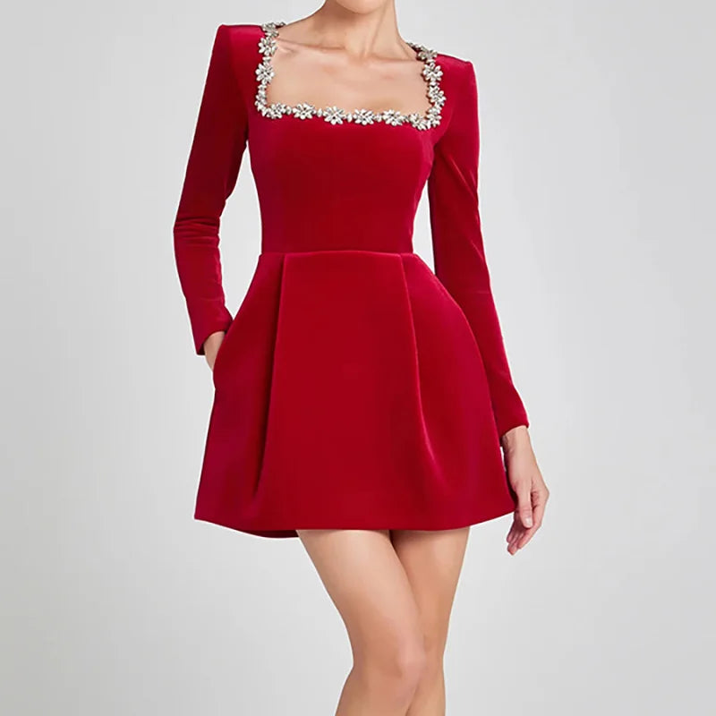 | White Jewel Trim Long Sleeve Mini Dress
