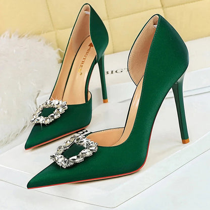 Wine Red 10.5cm Heels Metal Rhinestone Woman Pumps Luxury Banquet Shoes