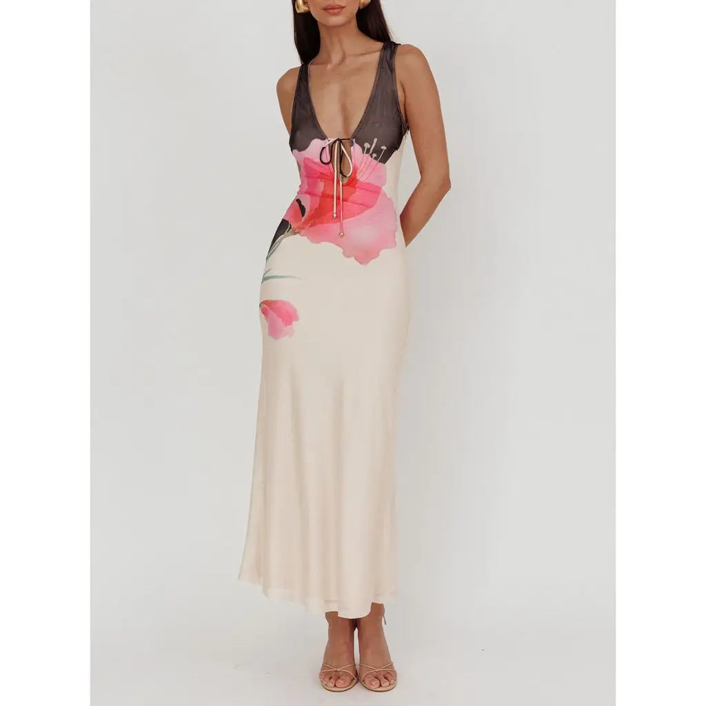 Lace-up Tie-dye Mesh Long Vacation Dress