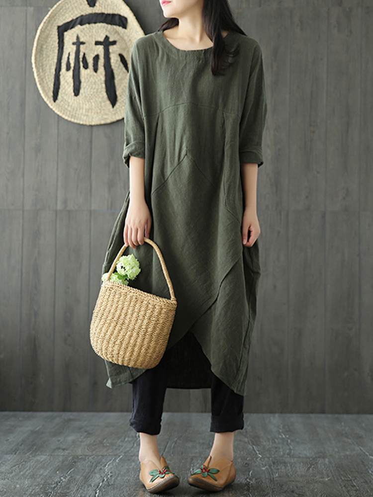 Linen Blend Oversized Long Sleeve Asymmetric Wrap Hem Tunic Maxi Dress