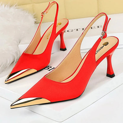 Metal Pointed Women Pumps with 7 cm Kitten Heels in Silks and Satins, Hollow Back