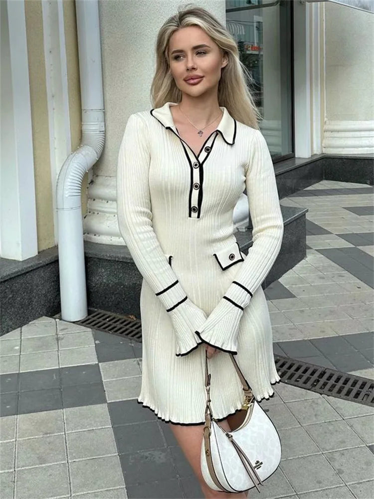 Ribbed Knit Polo Collar Bell Cuff Faux Pocket Mini Dress