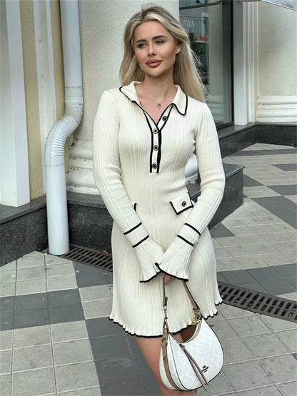 Ribbed Knit Polo Collar Bell Cuff Faux Pocket Mini Dress
