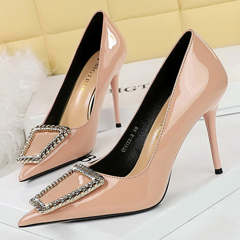 Nude Patent Leather High Heel Pumps for Women