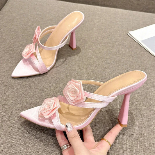 Candy Color Flower Pointed Toe Thin Heel Slippers for Women