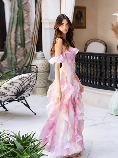 Pleated Off Shoulder Floral Dress