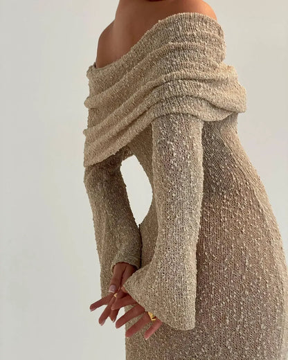 Hollow Knitted Off Shoulder Midi Dress