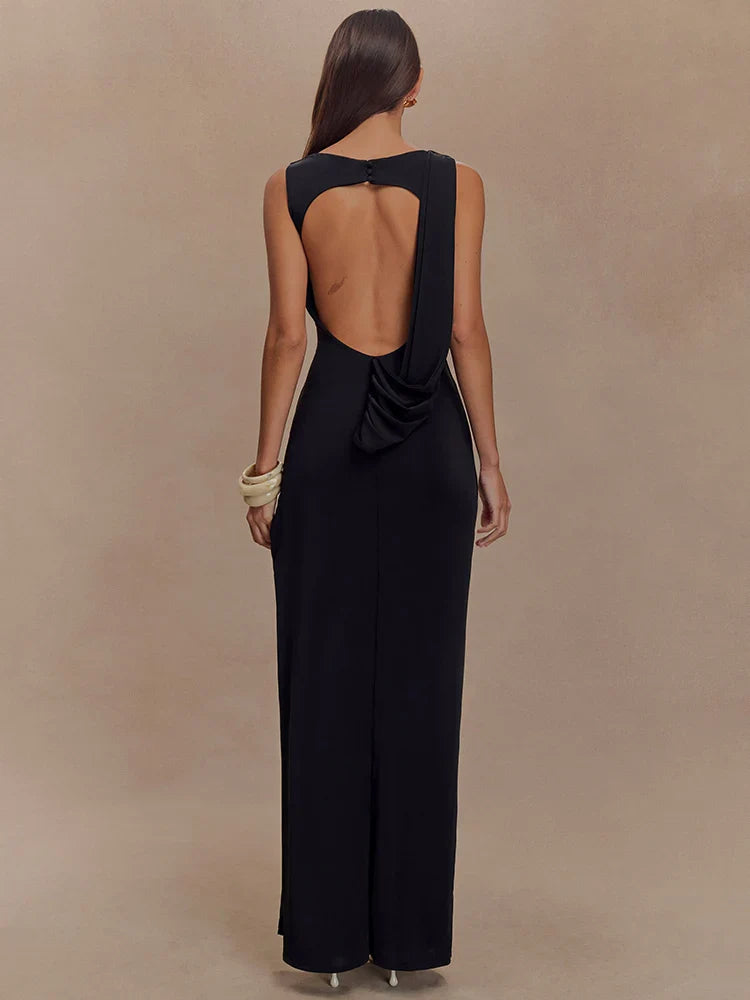 Ruched O Neck Split Maxi Bodycon Dress
