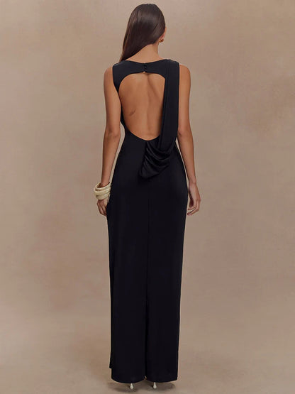 Ruched O Neck Split Maxi Bodycon Dress