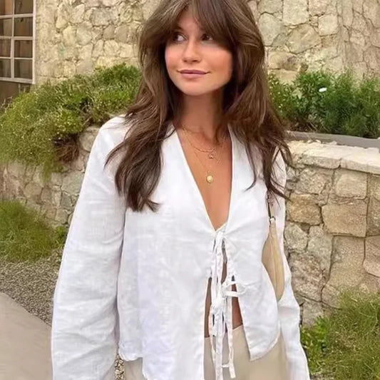 Loose Lace-up Bow V-neck Flare Sleeve Blouse