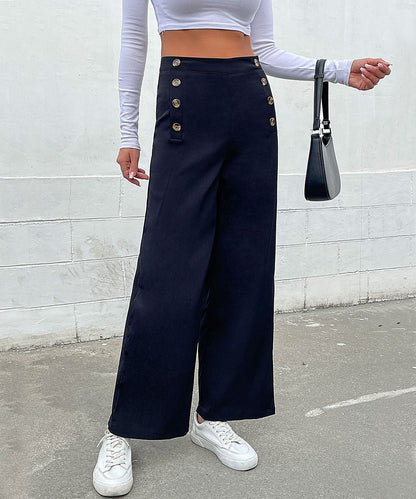 DressBetty - Black Double Button Wide Leg Pants