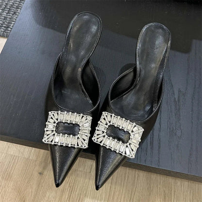 Crystal Buckle Thin Heel Pointed Toe Spring Women Mule Shoes