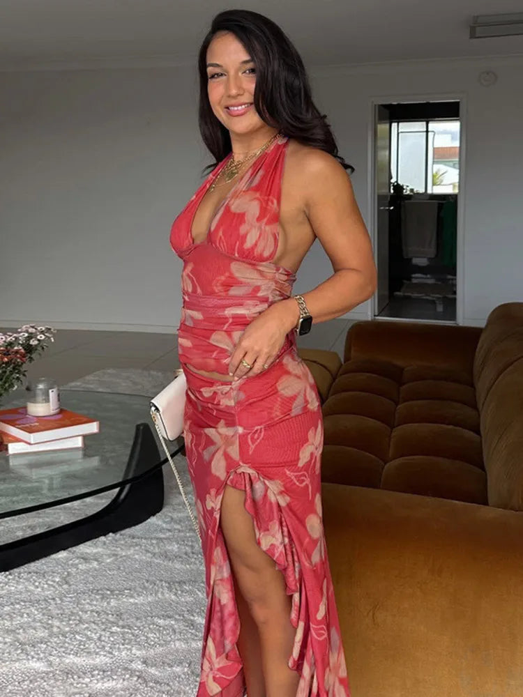 Deep V Ruffled Bodycon Vacation Dress