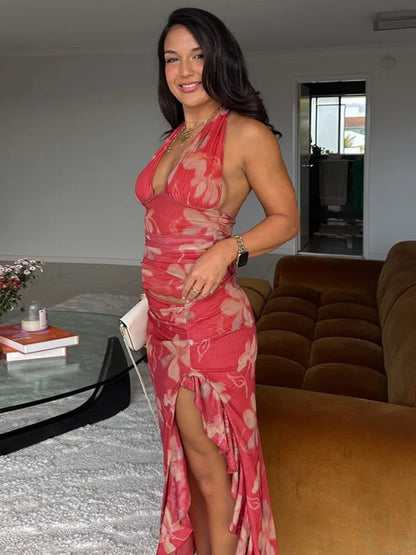 Deep V Ruffled Bodycon Vacation Dress