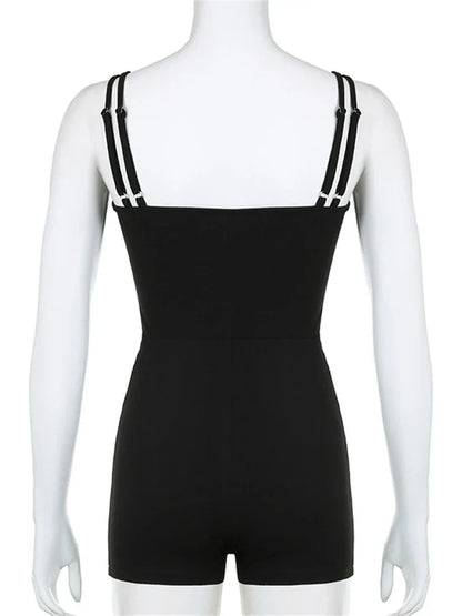 Summer Black Contrast Stitching Fitness Romper For Woman 2024 Sleeveless Backless Skinny Playsuit Street Workout Overalls