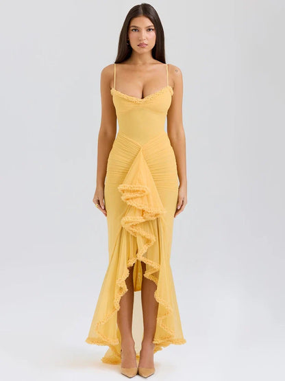 Ruffled Draped Yellow Maxi Bodycon Dress