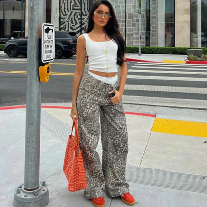 New Leopard Print Retro Straight Long Pants For Women Loose Slightly Flared Trousers Female Streetwear Club Party Pants
