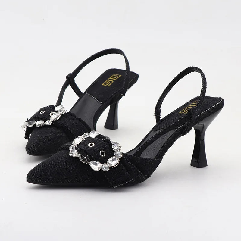 High-heeled denim sandals with rhinestone square buckle for autumn