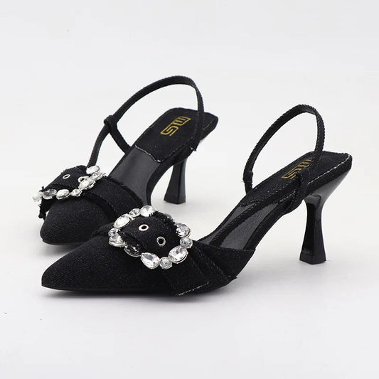 High-heeled denim sandals with rhinestone square buckle for autumn