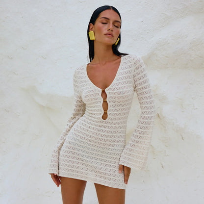 Sexy Knitted White Hollow Out Vacation Dress