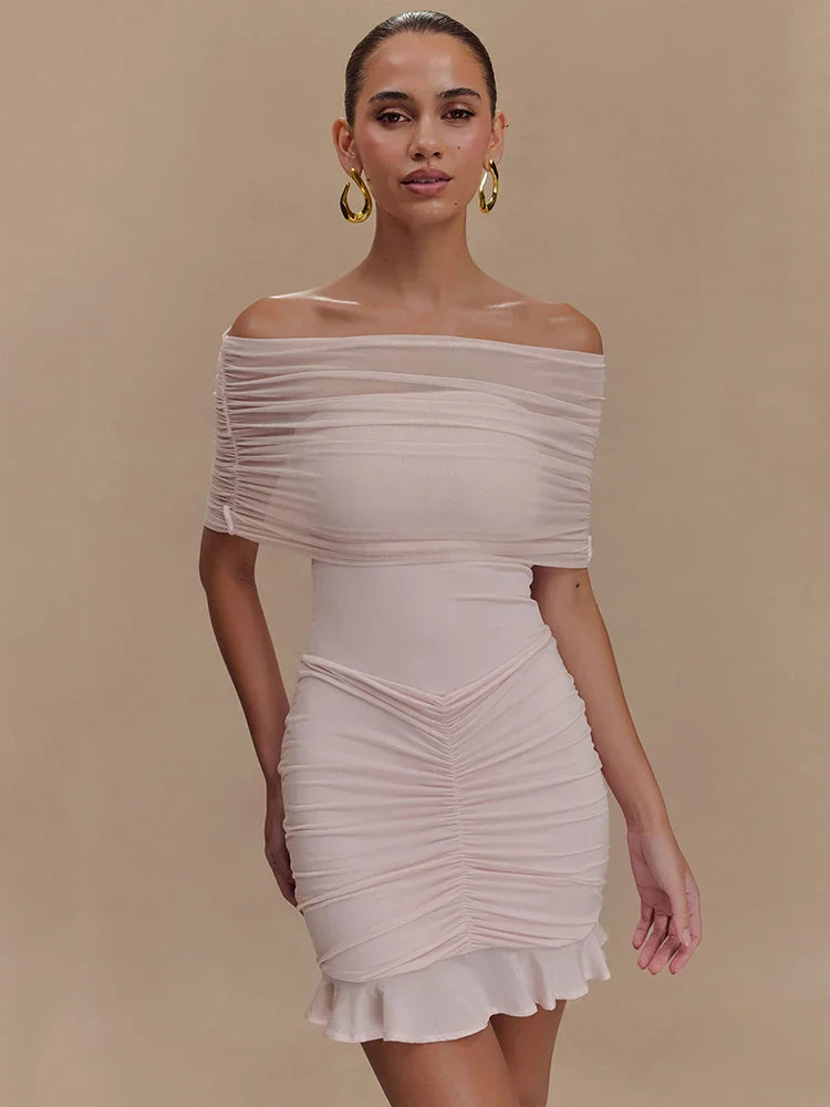 Mesh Strapless Ruffled Mini Bodycon Dress