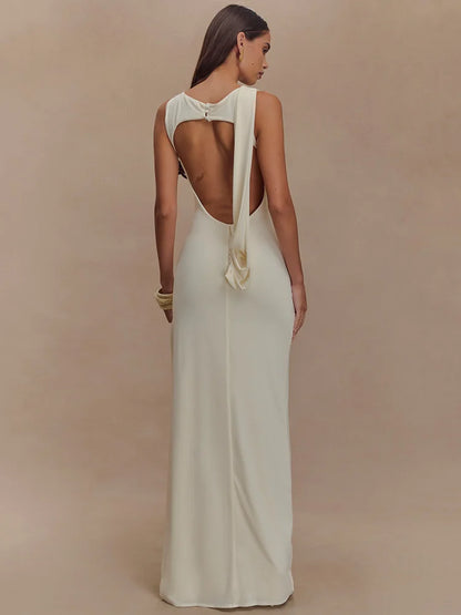 Ruched O Neck Split Maxi Bodycon Dress