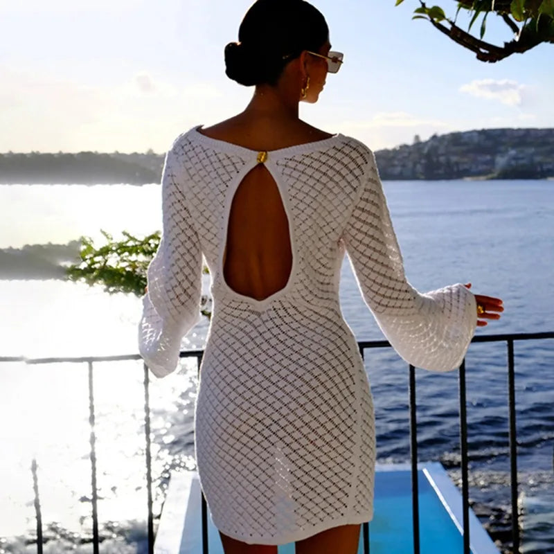 Knitted Hollow Backless Beach Mini Dress