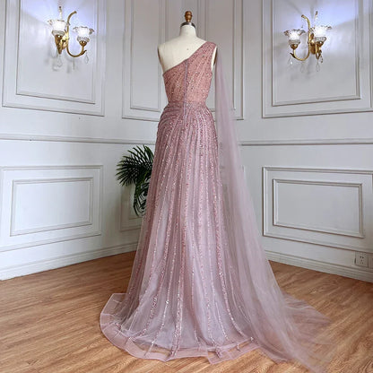 One-Shoulder Cape Sleeve Beaded Evening Dresses