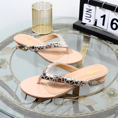 Clip Toe Low Heel Rhinestone Women's Slippers for Summer Wear