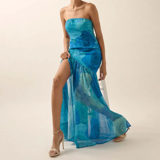 Tie-dye Rose Ruffled Split Vacation Dress