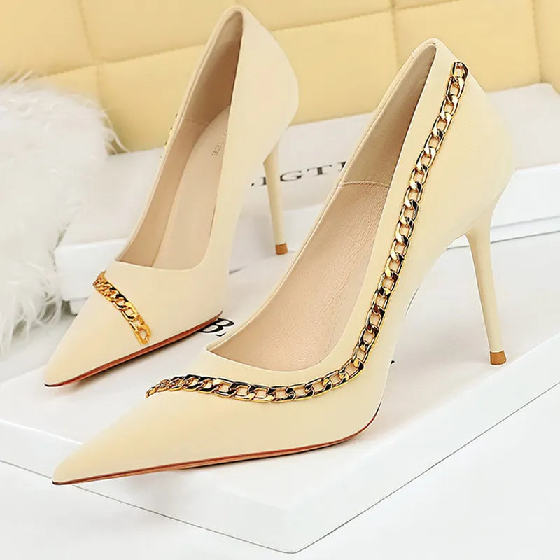 Metal Chain Women Pumps High Heels for Nightclubs Lady
