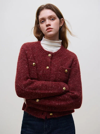 Wool Short Button Round Neck Cardigan