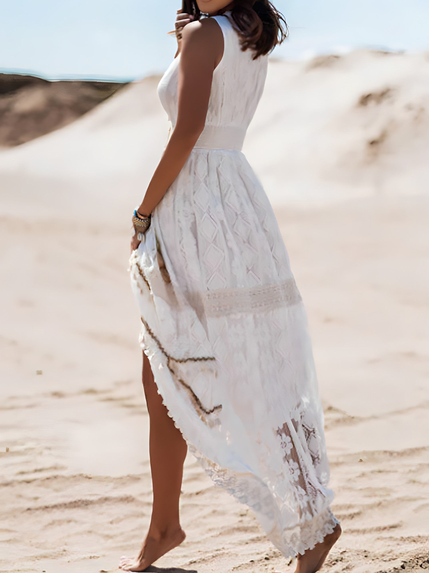 Deep V-Neck Lace Trim Drawstring Tie High Slit Tiered Maxi Dress