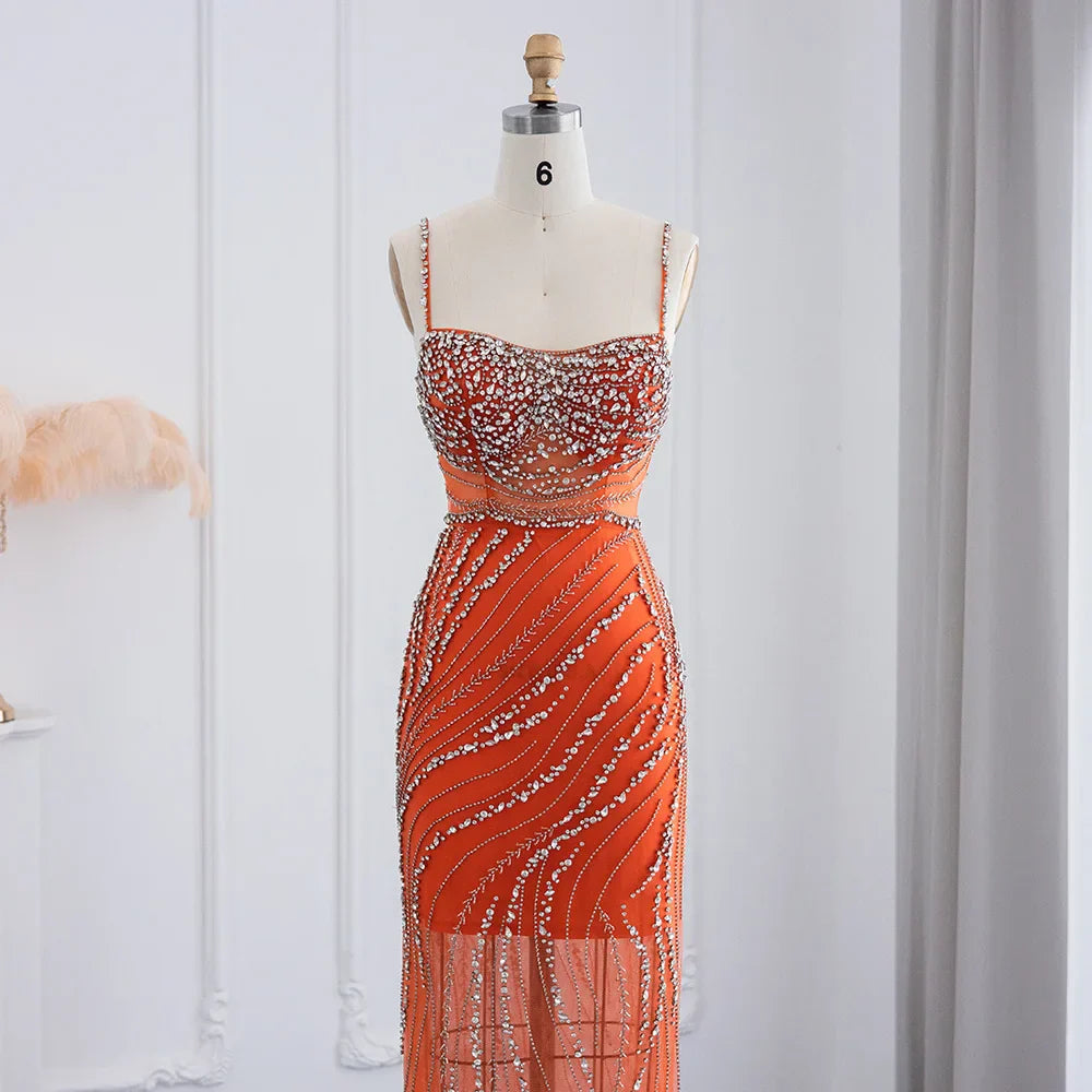 Orange Crystal Mermaid Evening Dress