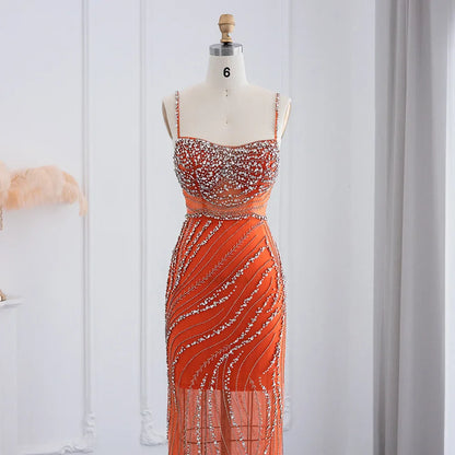 Orange Crystal Mermaid Evening Dress